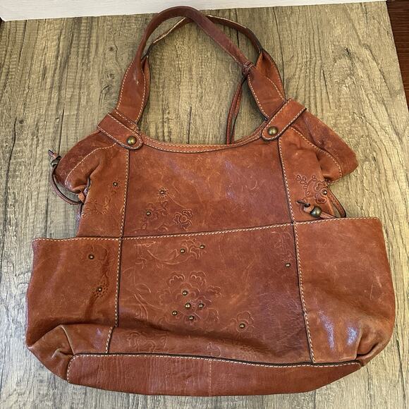 Fossil Leather Tote Bag Floral Embossed Brown Shoulder Purse Distressed Vintage - Picture 9 of 9